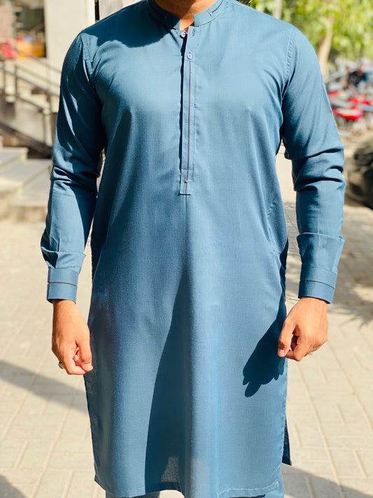 Classic Blue Premium Stitched Kurta – PRESTIGE